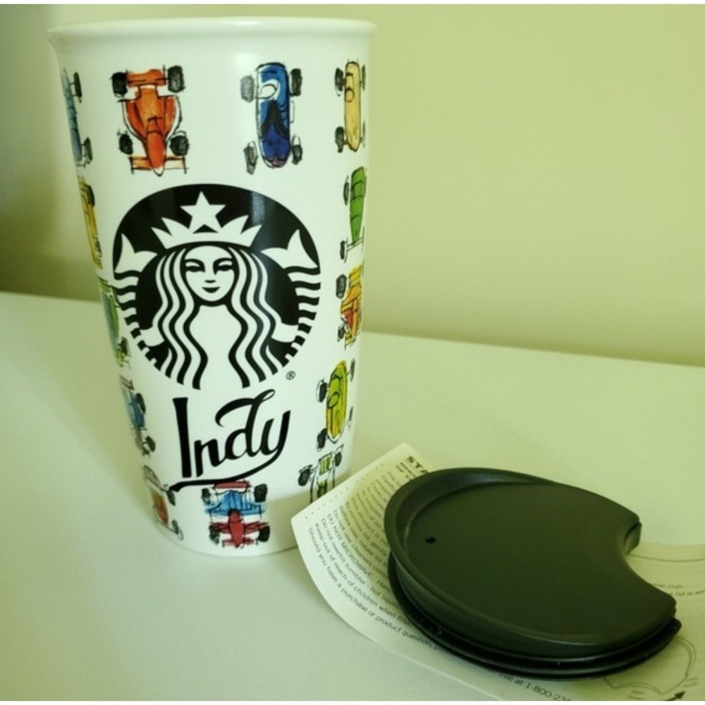 New Starbucks Indy 500 Motor Speedway Ceramic Travel Tumbler Mug 12 oz NWT